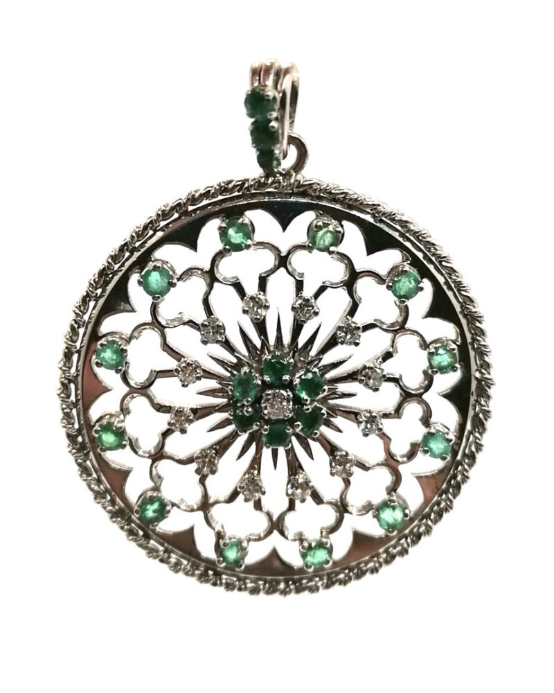 Pendentif rond ancien or blanc diamants émeraudes